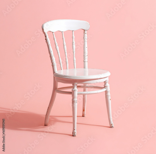 A pale pink background, a short white chair with a rounded seat and no backrest, featuring decorative elements.
