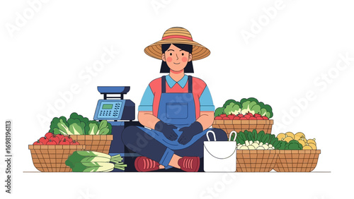 Farm Fresh Produce Stand: A friendly local farmer poses proudly amidst a bountiful array of freshly harvested fruits and vegetables, each overflowing from wicker baskets, exuding an inviting charm.