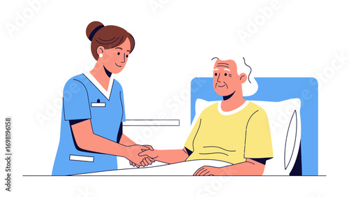 Caring Hand in Healthcare: A compassionate nurse offers a gentle handshake to an elderly patient, a tender moment that underscores the bonds of care and the importance of well-being.