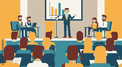 Corporate Conference Business Presentation with Audience Graph Data, Podium, and Speakers