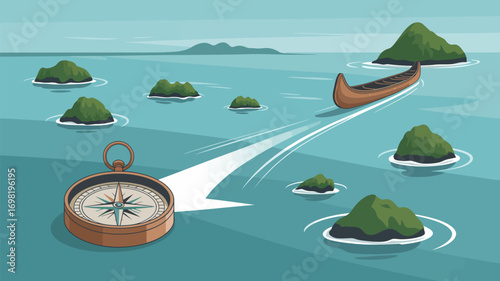 A compass points the way for a canoe traveling between small islands in a body of water scene