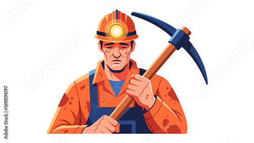 Hard Work Underground: A resolute miner, illuminated by his helmet light, stands with a pickaxe, embodying the grit and toil of industry.