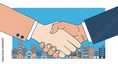Handshake over cityscape illustration represents urban development deals and partnerships
