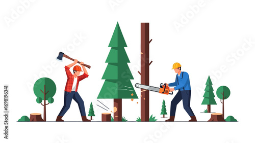 Forestry Professionals at Work: A dynamic scene of forestry workers at work, one wielding an axe, the other operating a chainsaw, felling a towering tree in a vibrant forest setting.