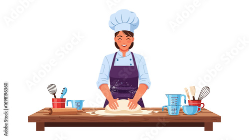 Culinary Craft: An accomplished chef diligently works to knead the dough, crafting culinary delight. The scene is brimming with preparation and culinary creativity.