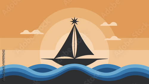 A stylized sailboat silhouette sailing on wavy water against a sunset with clouds and circular gradients