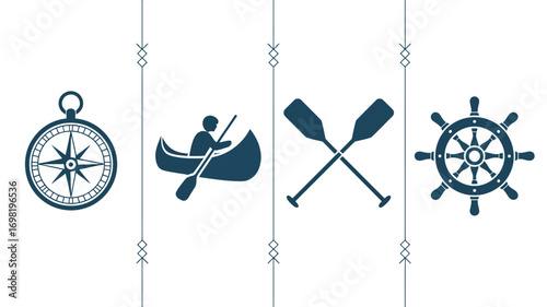 Illustration featuring compass, canoe, crossed paddles, and ship wheel in a nautical theme design