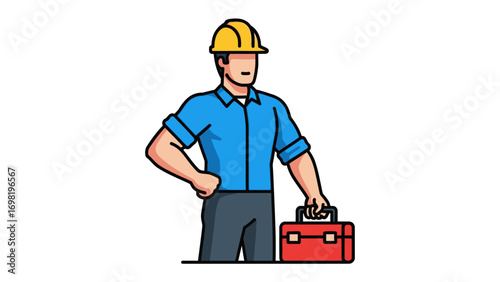 Hardworking Craftsman with Toolkit: A determined craftsman in protective gear stands ready for the day's work, a toolbox held firmly in hand, ready to solve problems and tackle challenges.