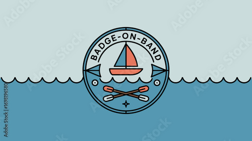 A badge on band design featuring a sailboat waves and oars in a circular emblem style illustration
