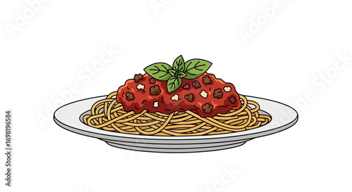 A Classic Italian Dish A Plate of Spaghetti with Rich Tomato Meat Sauce, Topped with Fresh Basil Leaves, Presented on a White Ceramic Plate, Perfect for Culinary Content and Food Blogs