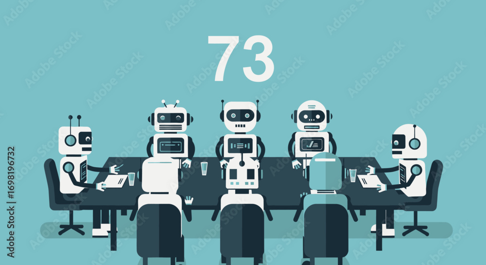 Obraz premium Robots Meeting Futuristic Tabletop Illustration