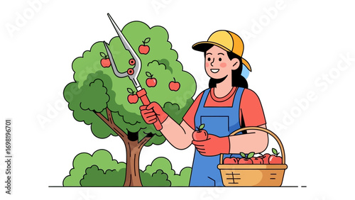 Orchard Harvest: A cheerful individual is seen harvesting ripe apples from a flourishing tree, filling a basket with the season's bounty.