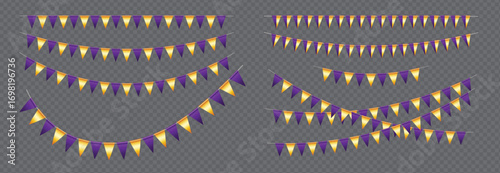 Realistic Triangle Bunting flags set, Purple and Gold vector pennants hanging on the rope, colorful flag garland for party and holiday decorations