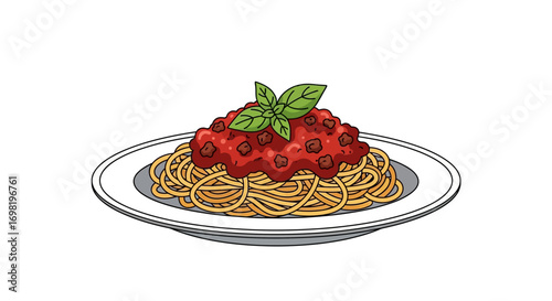 A delicious plate of spaghetti with meat sauce and fresh basil garnish, presented on a white plate, perfect for culinary inspiration and Italian food lovers