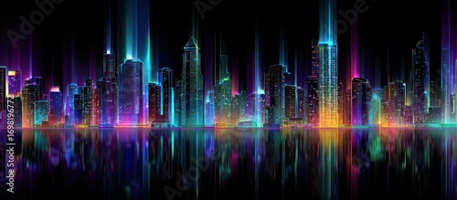 A vibrant cityscape at night, illuminated by neon-like lights reflecting in the water, showcasing tall buildings and a futuristic, colorful atmosphere.