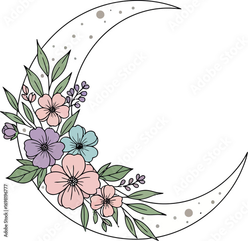 Floral Crescent Moon Line Art