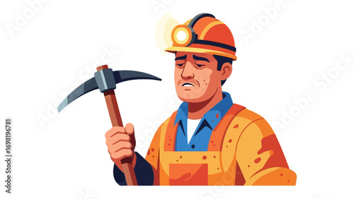 Coal Miner with Headlamp: A diligent coal miner stands, pickaxe in hand, illuminated by a headlamp, ready to begin his day's work.
