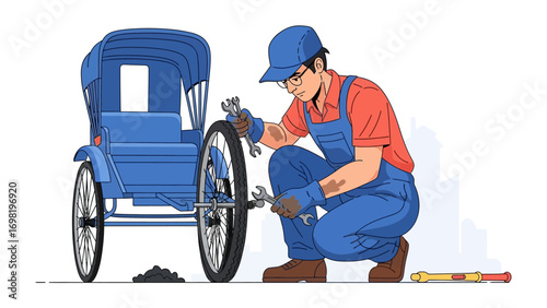 Handcart Repair: A dedicated mechanic meticulously repairs a handcart, symbolizing craftsmanship, maintenance, and the essence of traditional transport.