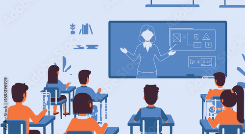 Students attending online class with teacher teaching architecture on blackboard