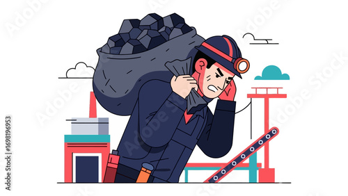 Heavy Burden: A resilient miner shoulders a weighty sack of coal, symbolizing the hardships and dedication within the industrial workforce, against the backdrop of an industrial landscape.