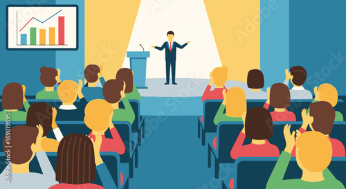 Conference Presentation Audience Applauding Lecturer on Stage