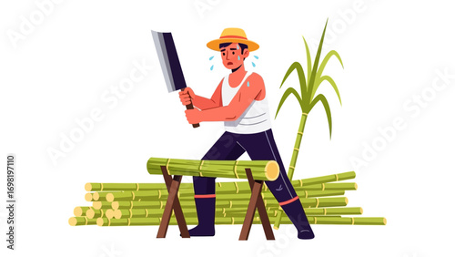 Sugarcane Harvest: A hardworking farmer meticulously slices through freshly harvested sugarcane stalks, showcasing the dedication of rural labor and agricultural processes.
