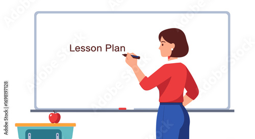 Teacher preparing lesson plan on whiteboard in classroom education vector