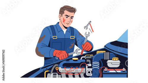 Automotive Engineer at Work: A skilled automotive engineer meticulously works on a car's engine, with a focused expression, demonstrating their expertise.