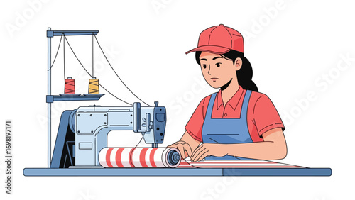 Sewing Expertise at Work: A skilled artisan, poised in focused concentration, meticulously operates a sewing machine. This illustration perfectly captures the precision and artistry of the craft.