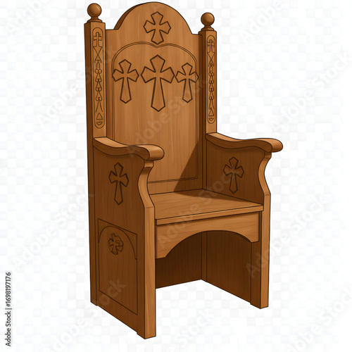 Ornate Wooden Throne Chair with Crosses