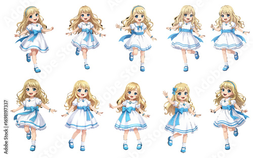 A delightful character design collection featuring a cute blonde girl in a blue dress, shown in ten different dynamic poses