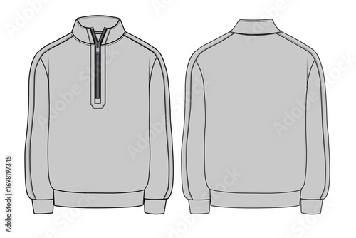Men's Stand Collar Jumper Design Template. Quarter-Zip Pullover Sweatshirt Technical Sketch. Front and Back Quarter Zip Fleece Mockup. Casual Half-Zip Sweat Top Flat Drawing