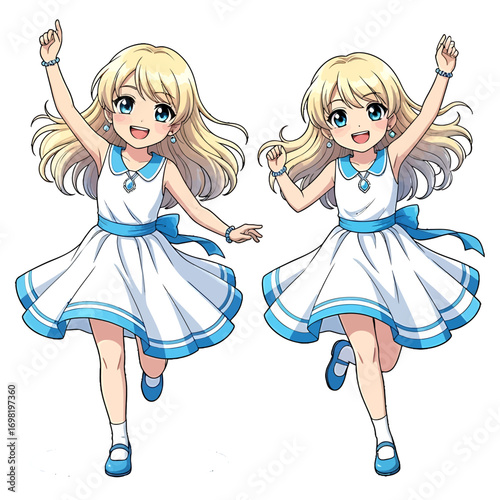Delightful digital character design featuring two energetic anime-style young girls running and celebrating with joyful expressions, a vibrant and dynamic illustration
