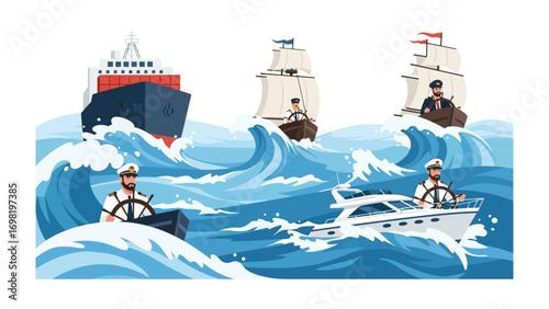 Naval Adventure on the Open Ocean: A dynamic scene unfolds with a cargo ship, sailboats, and a motorboat navigating the vast expanse of the ocean.