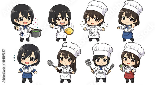Professional woman chef character vector design collection, featuring a cute chibi girl in uniform for food and restaurant concepts