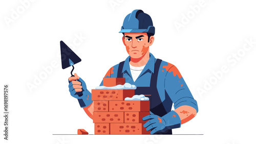 Building Confidence: A construction worker, embodies skill and precision as he builds a sturdy brick structure, showcasing the dedication and hard work.