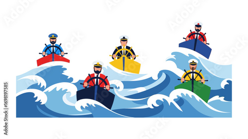 Navigating the Storm: A fleet of vibrant boats, each captained by a determined sailor, cuts through the cresting waves, symbolizing resilience and navigation in a dynamic environment. 
