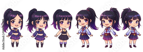 Cute anime girl character design collection featuring six different outfits and hairstyles for a video game or visual novel project