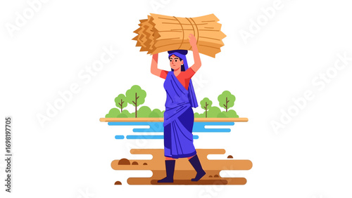 Rural labor: An illustrated figure of a woman, embodying the spirit of diligence, carries a bundle atop her head, while dressed in traditional wear, traversing through the serene countryside.
