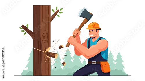 Lumberjack at Work: A strong lumberjack confidently swings an axe into a tree, showcasing the raw power and skill required for forestry work.