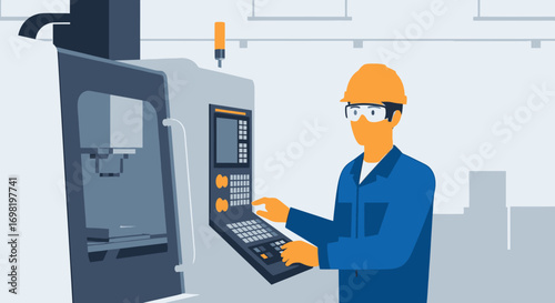 Factory worker operating CNC machine industry equipment automation manufacturing