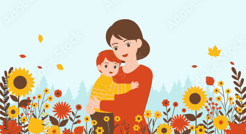 Motherhood Illustrated Flat Design with Child Flowers and Autumnal Leaves