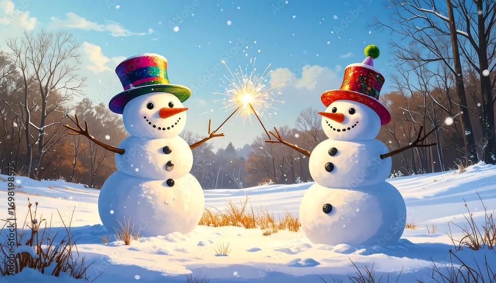 Obraz premium Two cheerful snowmen in winter wonderland