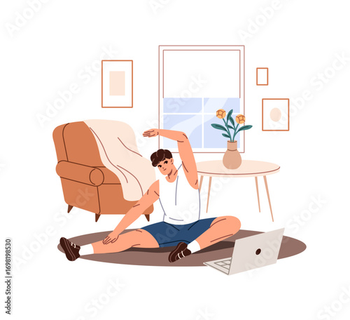 Boy is watching online fitness training and does sports exercises at home. Young man does side bends sitting on the floor. Person stretches at workout. Flat isolated vector illustration on white