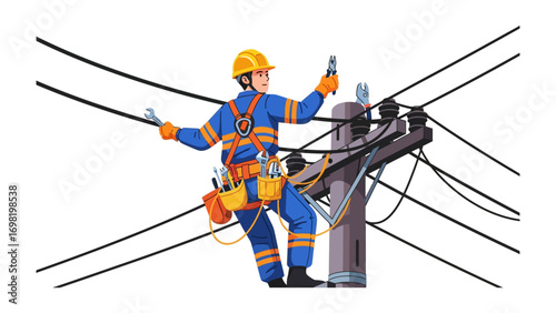 Electrician at Work: An electrician meticulously works atop a utility pole, skillfully maintaining power lines, showcasing expertise and ensuring safety and reliability.