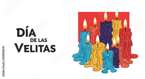Illustration of the Dia de las Velitas holiday with colorful dripping candles burning brightly against a red background, celebrating traditions and festivities