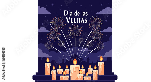 Dia de las Velitas Celebration of Lights with Candles and Fireworks Vector Illustration