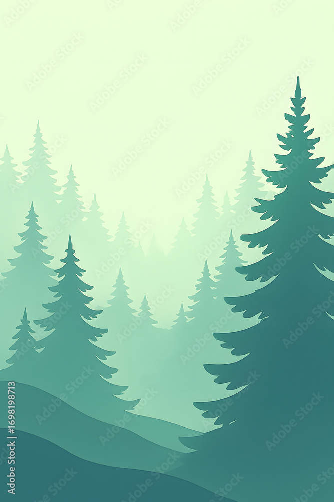 Obraz premium Minimalist forest illustration with layered tree silhouettes in green and blue gradients and soft mist