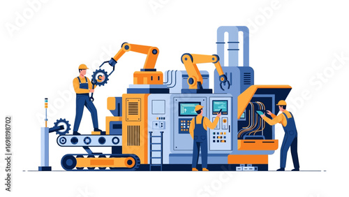 Automated Production: Workers diligently collaborate on the intricate machinery, the image portrays the essence of industry, technology, and efficient automated production processes. 