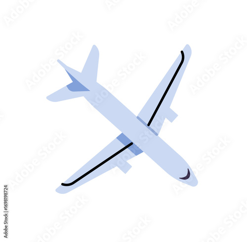 Airplane top view icon. Plane flying in air. Flight of aircraft. Aeroplane flies, landing or taking off. Travel by commercial passenger airlines. Tourism. Flat isolated vector illustration on white